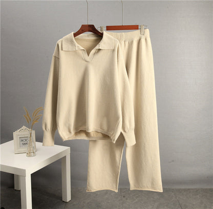 Solid Color Lapel Sweater Set for Women