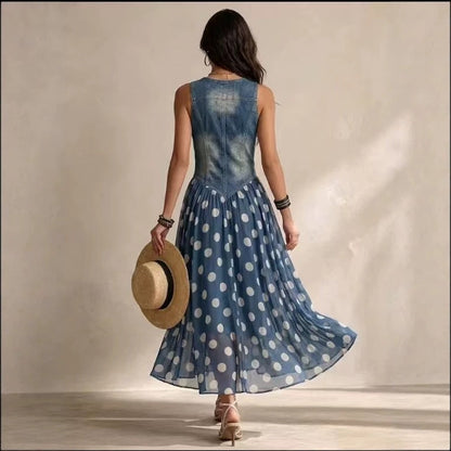 Denim Bodice Polka Dot Chiffon Skirt Sleeveless Midi Dress