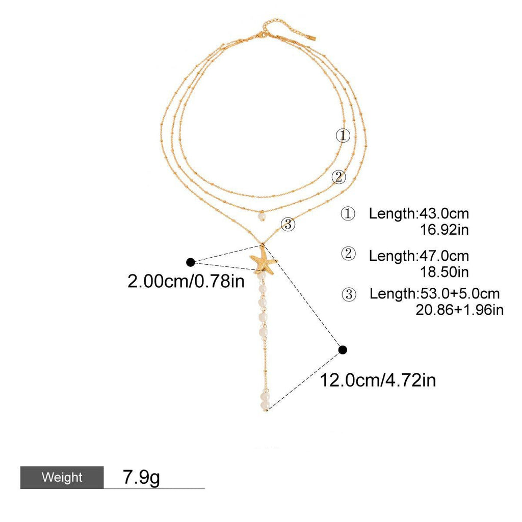 18K gold multi-layer chain with starfish and pearl tassel design exquisite and noble necklace