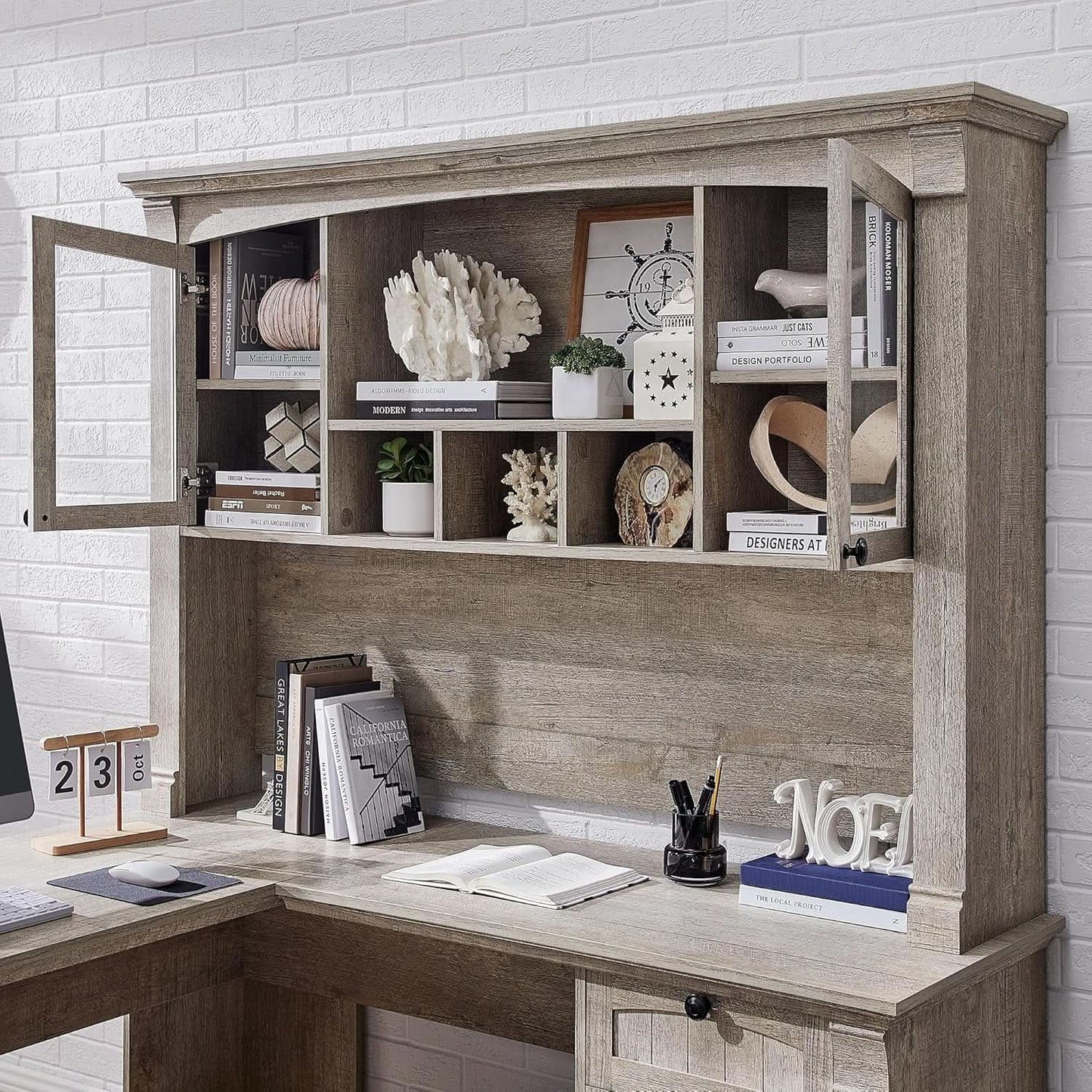 60-Inch L-Shaped Desk With Hutch Light Rustic Oak Finish