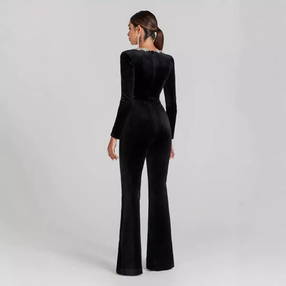 Women’s Diamond-Encrusted Square-Collar Flared Jumpsuit