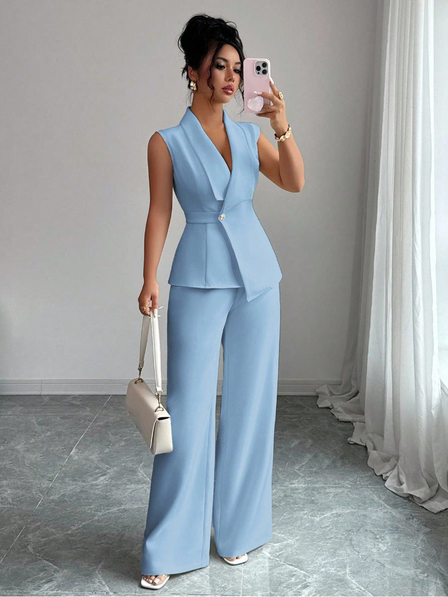 Women's Peplum Sleeveless Blazer & Wide-Leg Pants Two-Piece Set