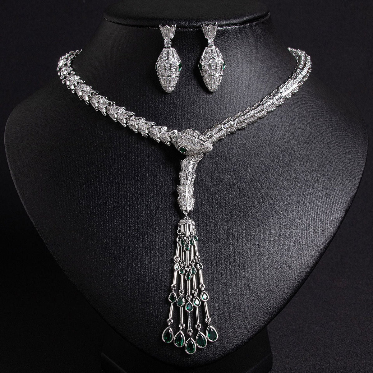 Serpentine Teardrop Tassel Zircon Earrings & Necklace Set