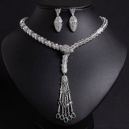 Serpentine Teardrop Tassel Zircon Earrings & Necklace Set