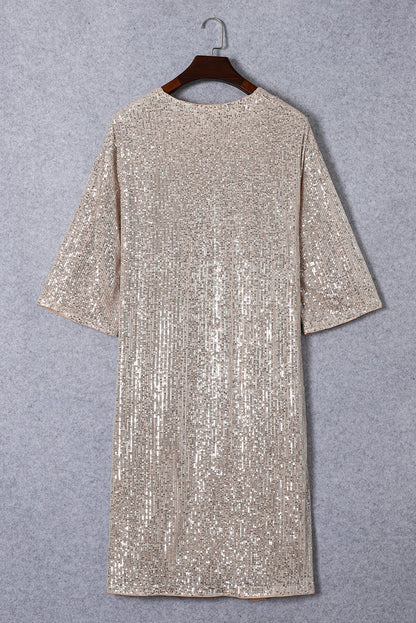 Apricot Sequin 3/4 Sleeve Open Front Duster Cardigan - Femstylo