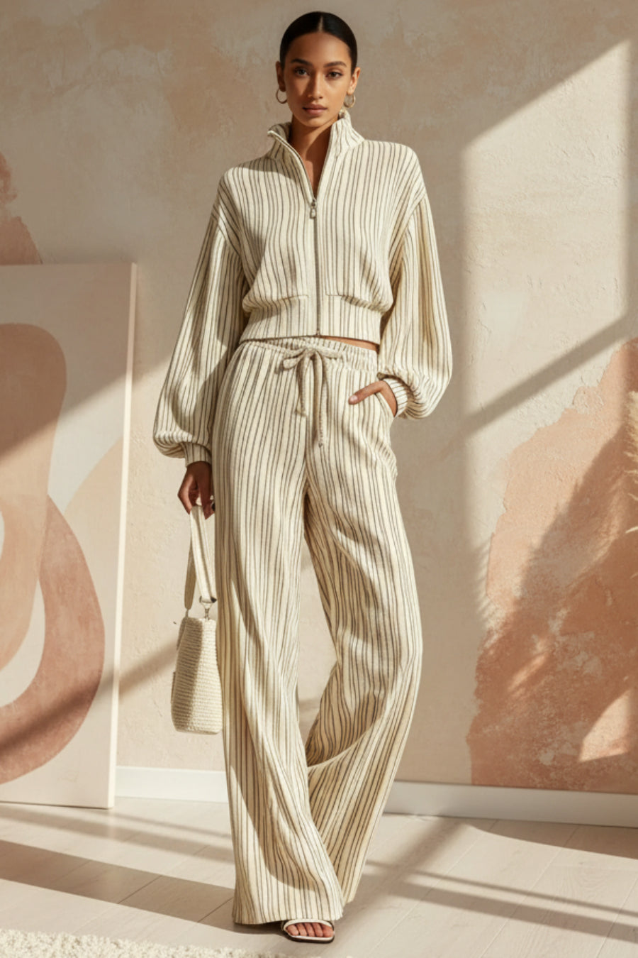 Women's Textured Woven-Stripe Puff-Sleeve Zip Jacket & Wide-Leg Pants Set