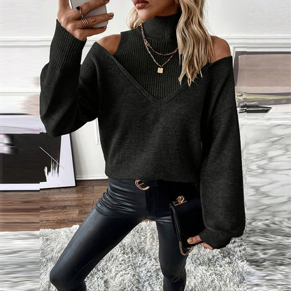 Women’s Elegant Off-Shoulder Turtleneck Sweater — Long Sleeve Knit Top