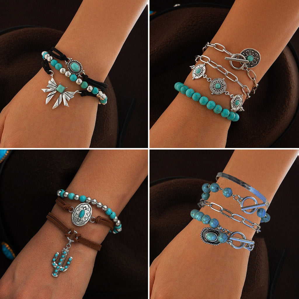 Imitation Turquoise Cactus Tag Bracelet Set