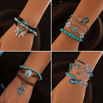 Imitation Turquoise Cactus Tag Bracelet Set
