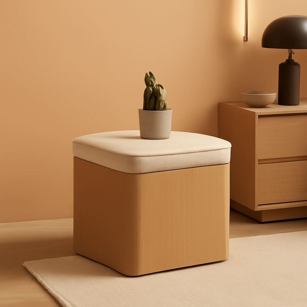 Beige Linen Upholstered Storage Ottoman With Footrest