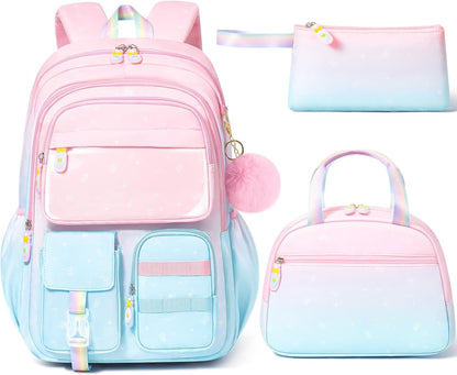 Girls School Backpack Set 3-Piece - Waterproof Kids Backpack with Lunch Box