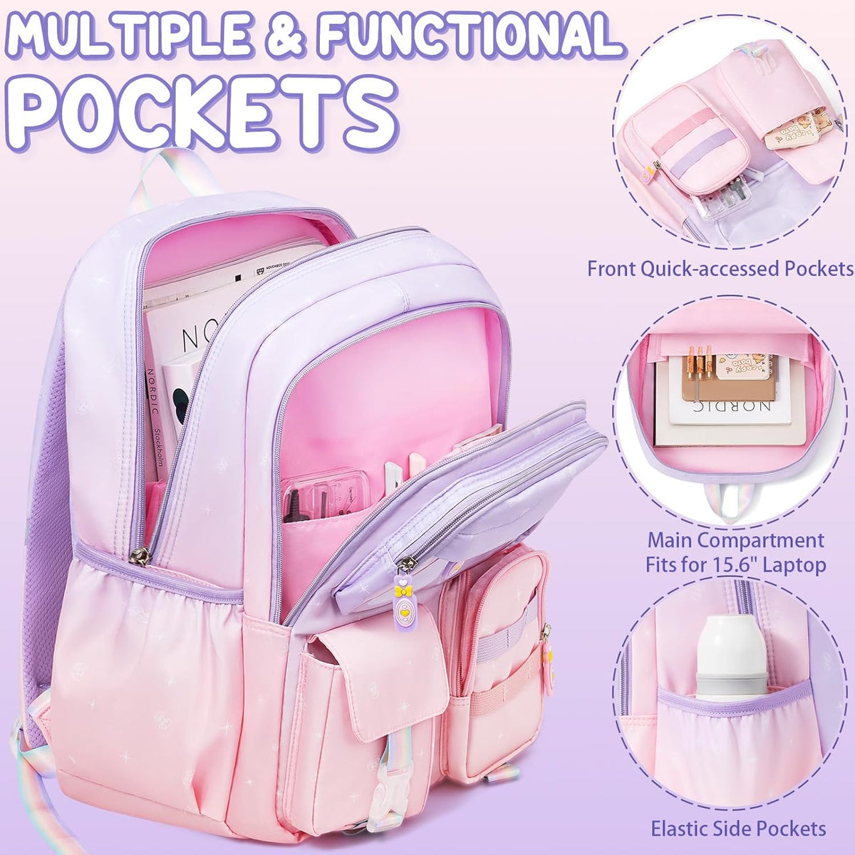 Girls School Backpack Set 3-Piece - Waterproof Kids Backpack with Lunch Box