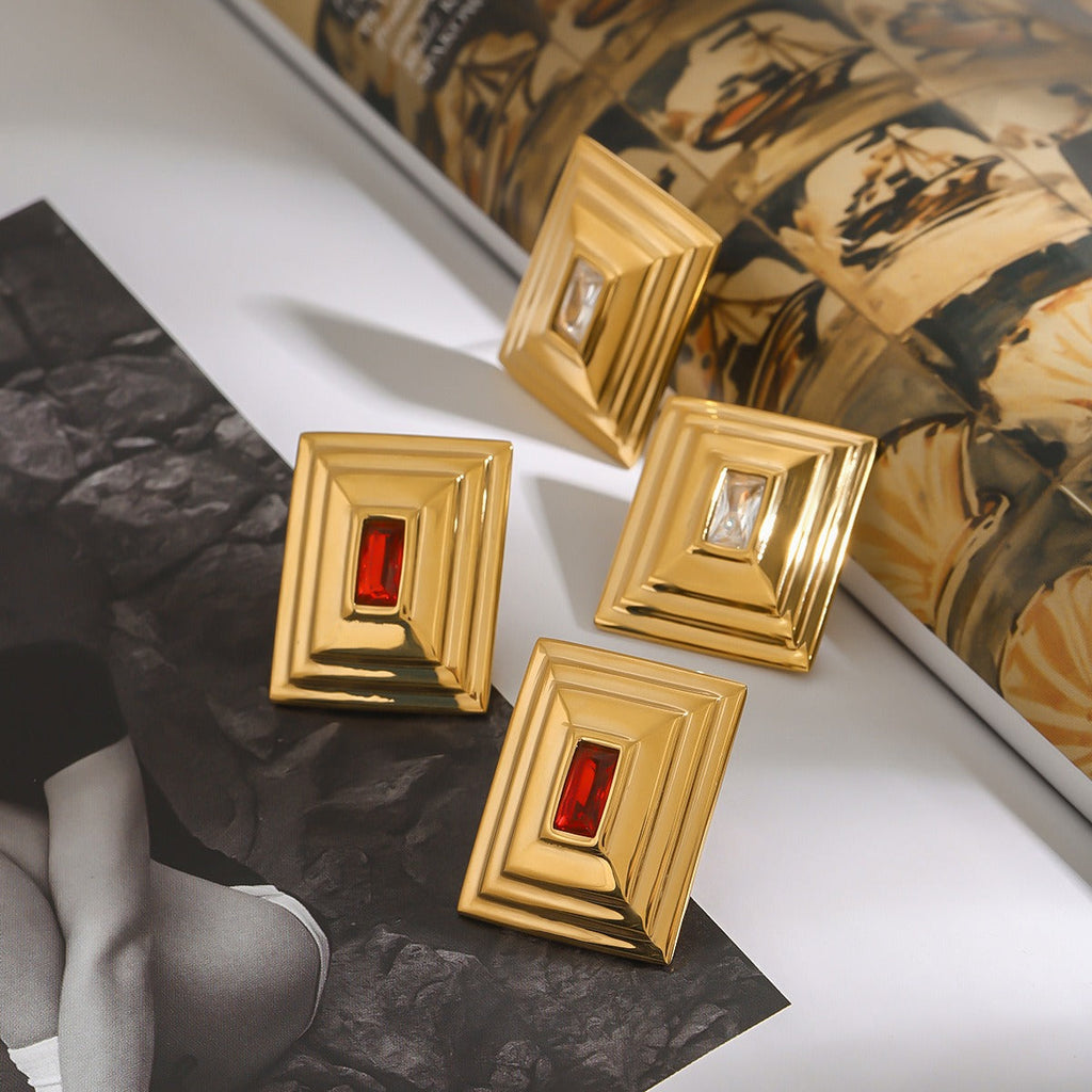 18k gold rectangular inlaid gemstone with concave pattern design exquisite and noble earrings