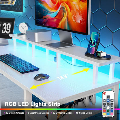 Sixty One Inch Computer Desk LED Illumination White Finish
