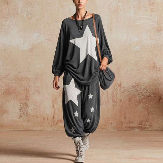 Women's Star Print Oversized Batwing Long-Sleeve Sweatshirt & Harem Balloon Trouser Set