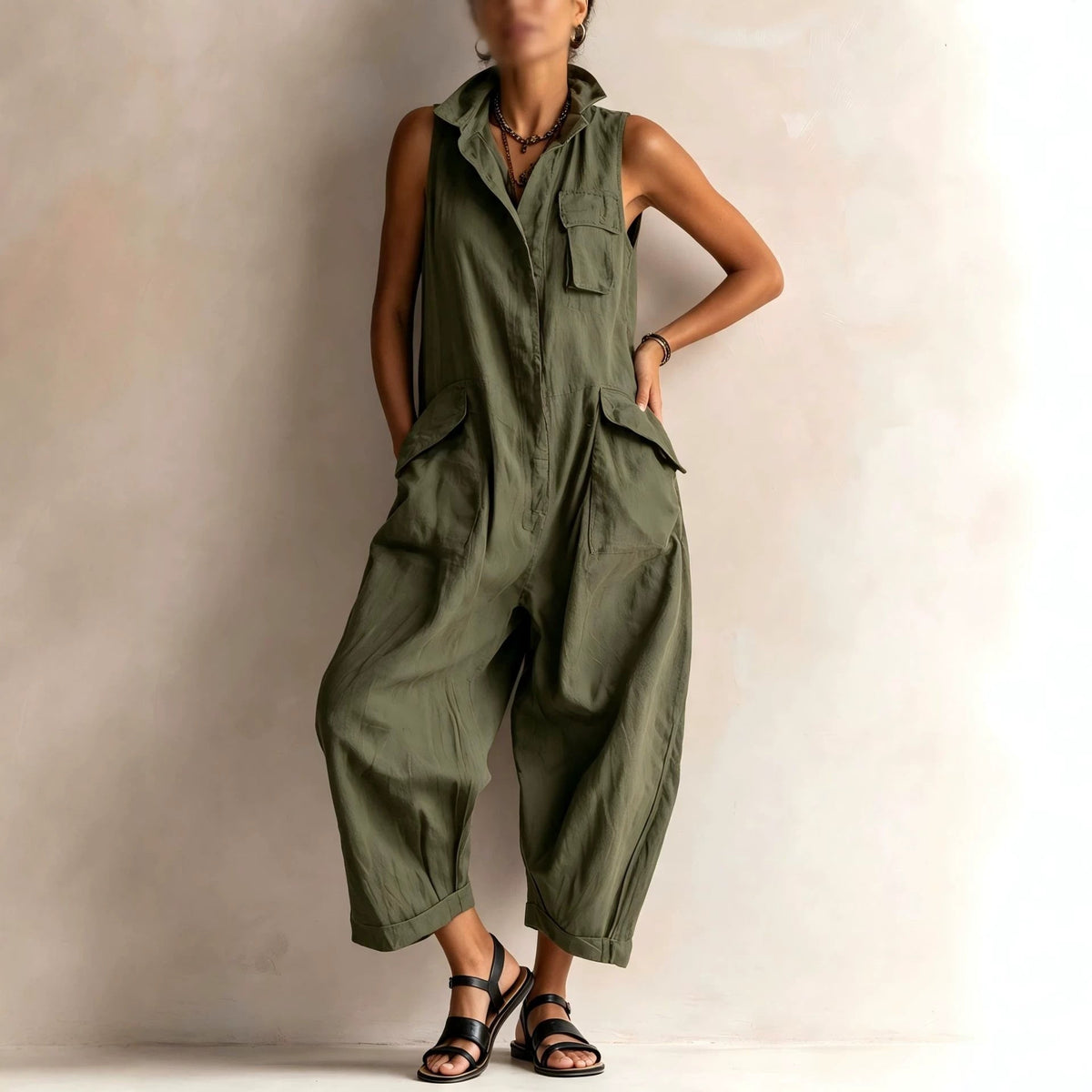 Women's Cotton Sleeveless Cargo Jumpsuit – Wide Leg Multi-Pocket