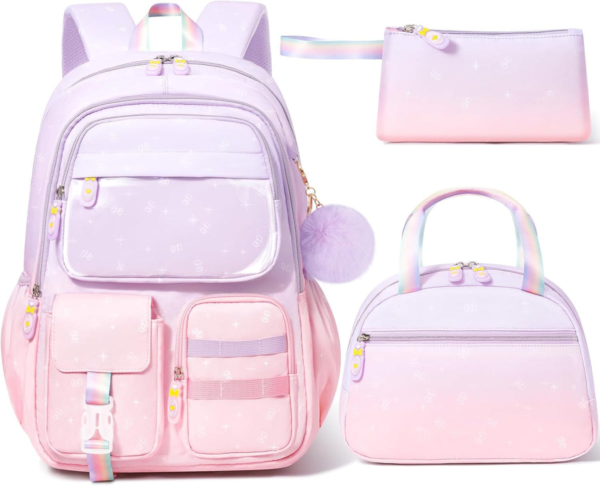 Girls School Backpack Set 3-Piece - Waterproof Kids Backpack with Lunch Box