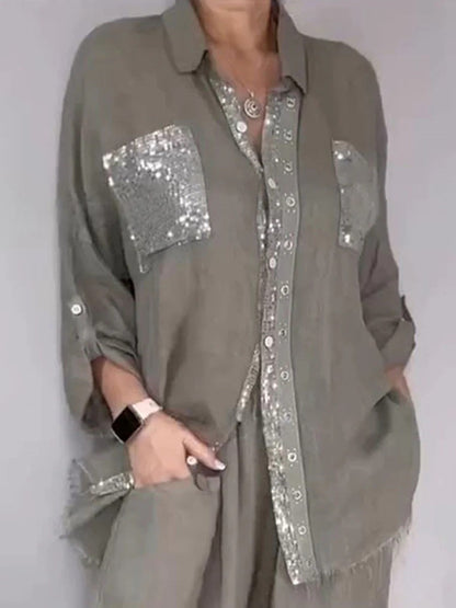 Women's Sequin Pocket Button-Up Shirt & Wide-Leg Pants Set