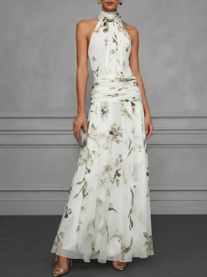 Halter Neck Printed Maxi Dress – Fitted Sleeveless Long Dress