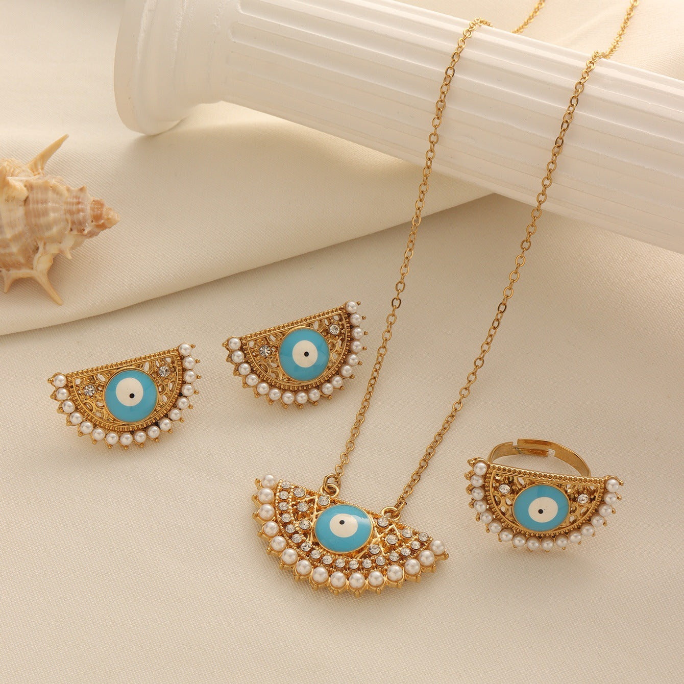 Turkish Evil Eye Necklace, Earrings and Ring Set