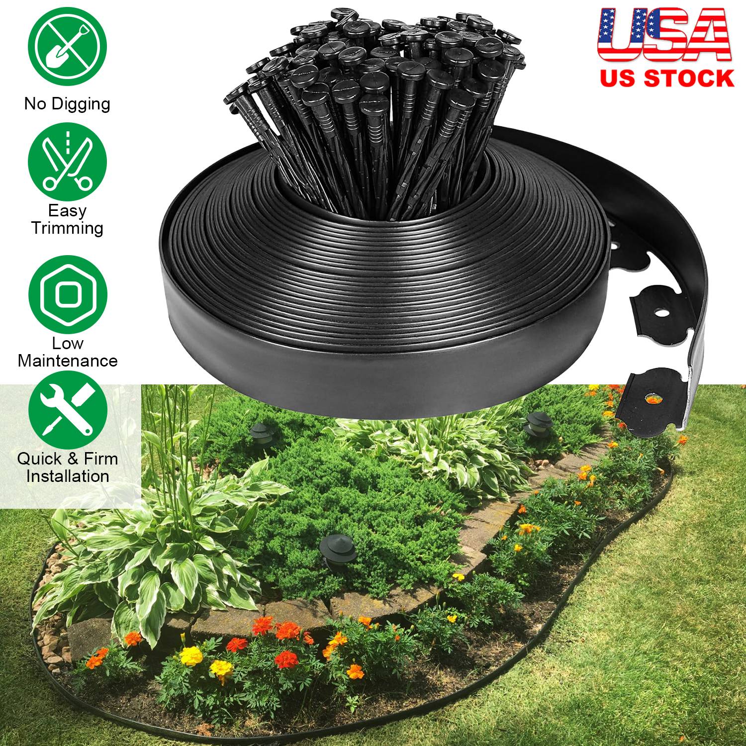100FT Non-Digging Plastic Garden Edging Kit Plastic Garden Border with 90 Spikes 2In Tall Border Edging for Garden Lawn Yard Flower Beds