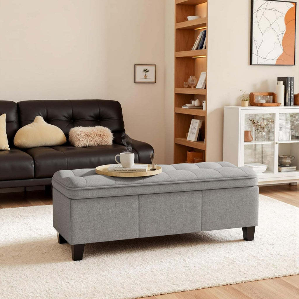 Forty Seven Inch Storage Ottoman Bench Linen Gray Fabric