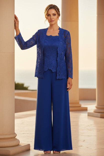 Women's Floral Lace Jacket & Top & Chiffon Wide-Leg Pants Three-Piece Formal Set – 12 Colors US0–14