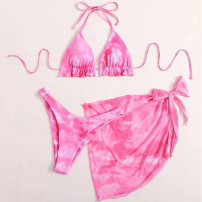 Skirted Swimsuit Women Tie-dye Piece Suit Bikini High Cut Ruffle Swimwear Women Halter Swim Suit Knot Bathing Suit