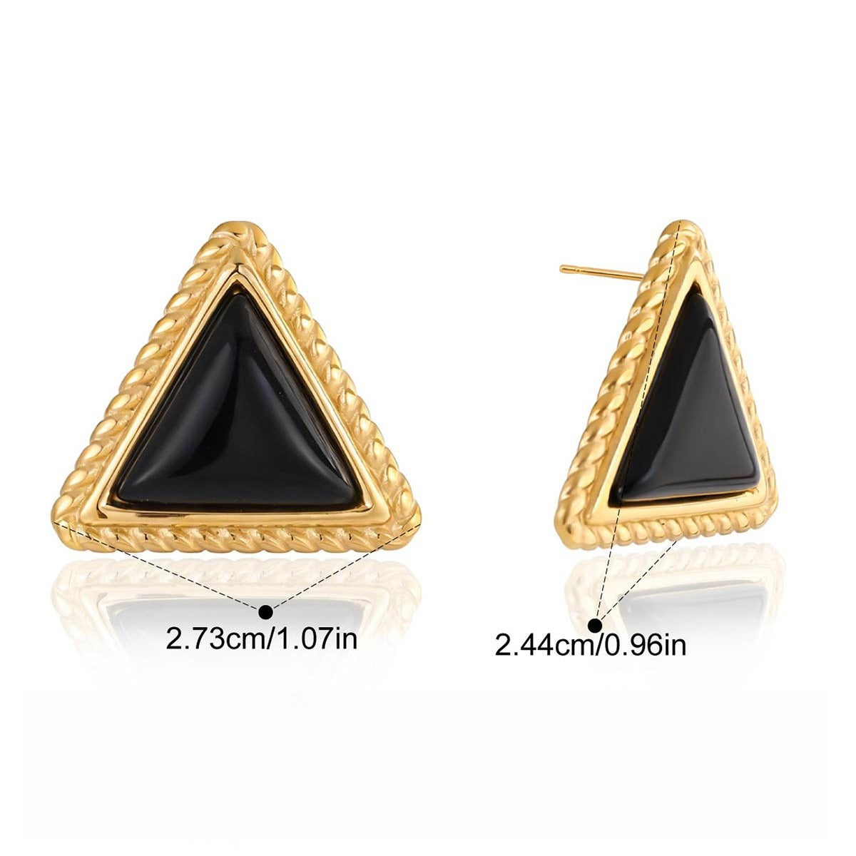 18K gold triangle black onyx stud earrings, a sophisticated and stylish accessory for autumn and winter.