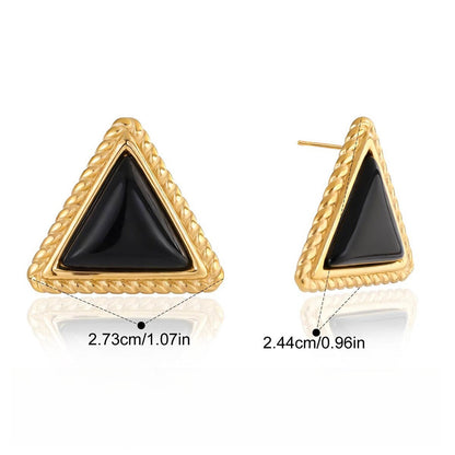 18K gold triangle black onyx stud earrings, a sophisticated and stylish accessory for autumn and winter.