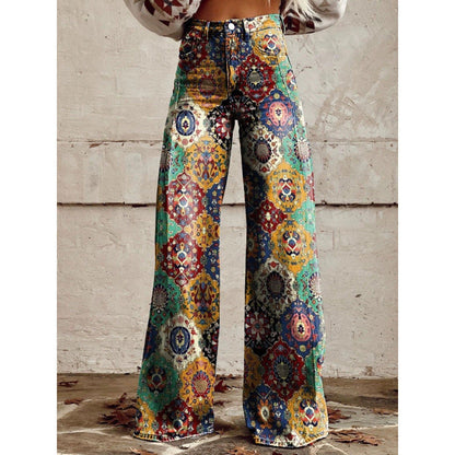 Women's Printed Flare Pants – Mid-Waist Full Length Plus Size