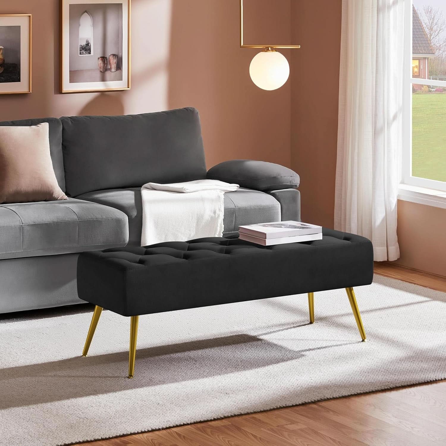 Black Velvet Upholstered Ottoman Bench Golden Legs