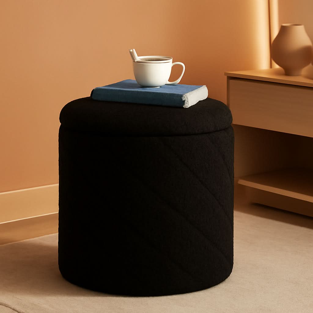 Luxurious Black Boucle Storage Ottoman 12 In Diameter Tray