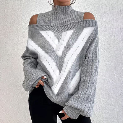 Women’s Elegant Off-Shoulder Turtleneck Sweater — Long Sleeve Knit Top