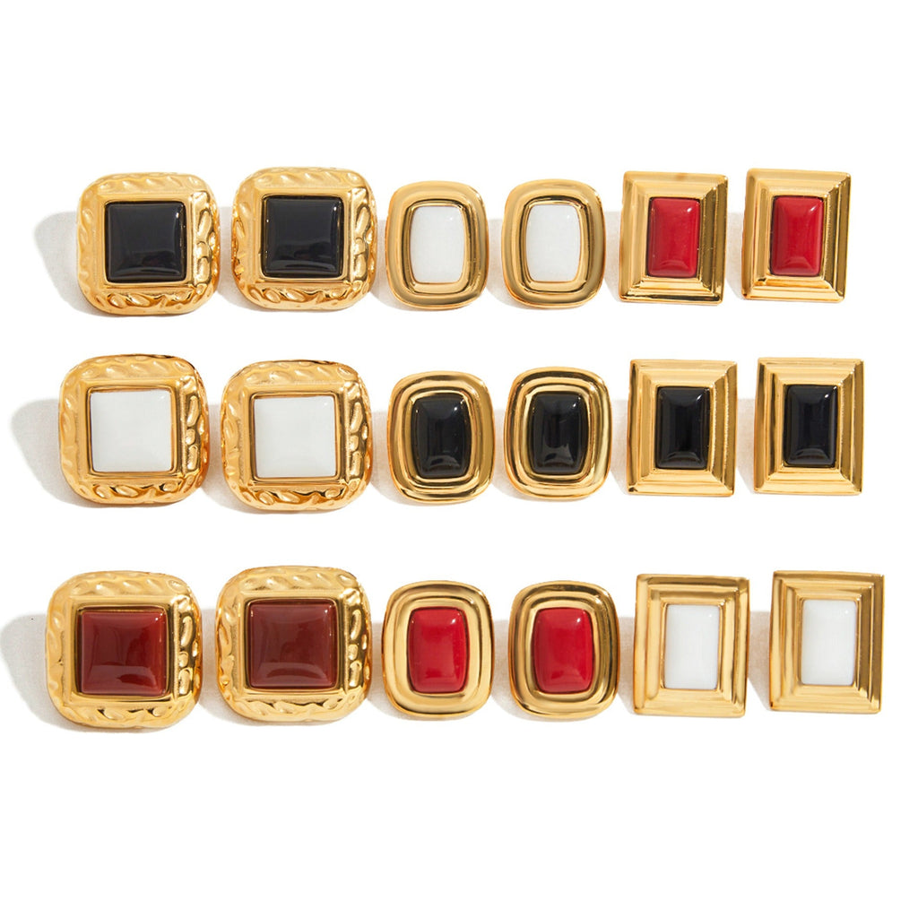 18K gold geometric square with texture design classic retro earrings