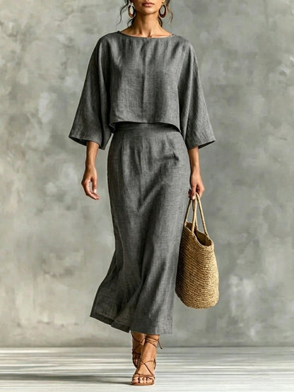 High Waist Long Skirt & 3/4 Sleeve Loose Top Set