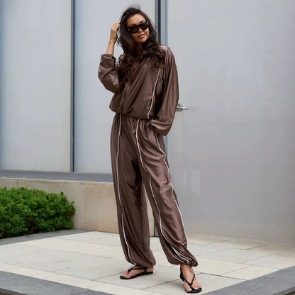 Women's Satin-Finish Zip Track Jacket & Wide-Leg Pants Set
