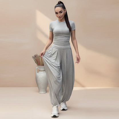 Women's Short Sleeve Fitted Tee & Wide-Leg Harem Pants Set