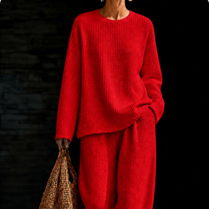 Women's Waffle Knit Oversized Crew-Neck Pullover & Relaxed Wide-Leg Trouser Lounge Co-ord Set