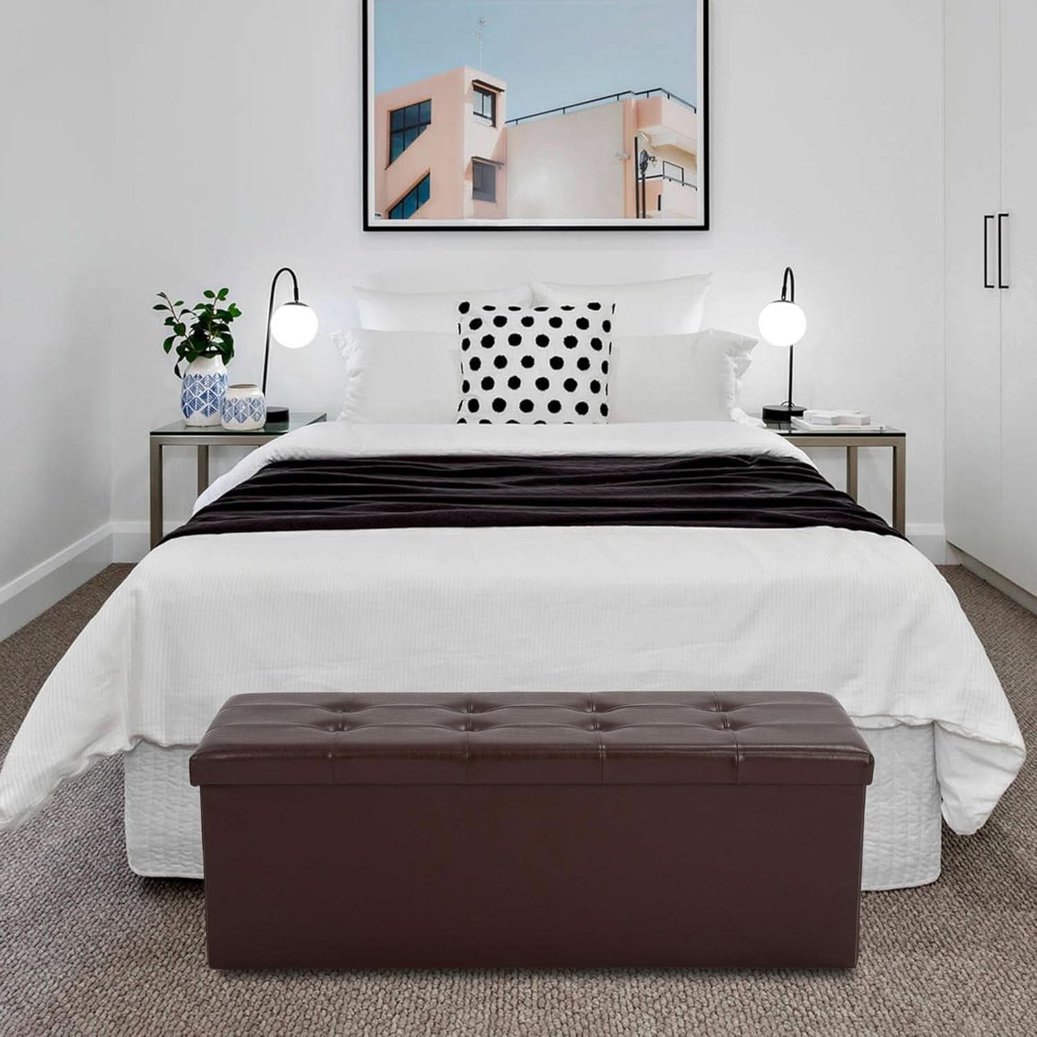 Forty Three Inches Folding Storage Ottoman Bench Brown Leather