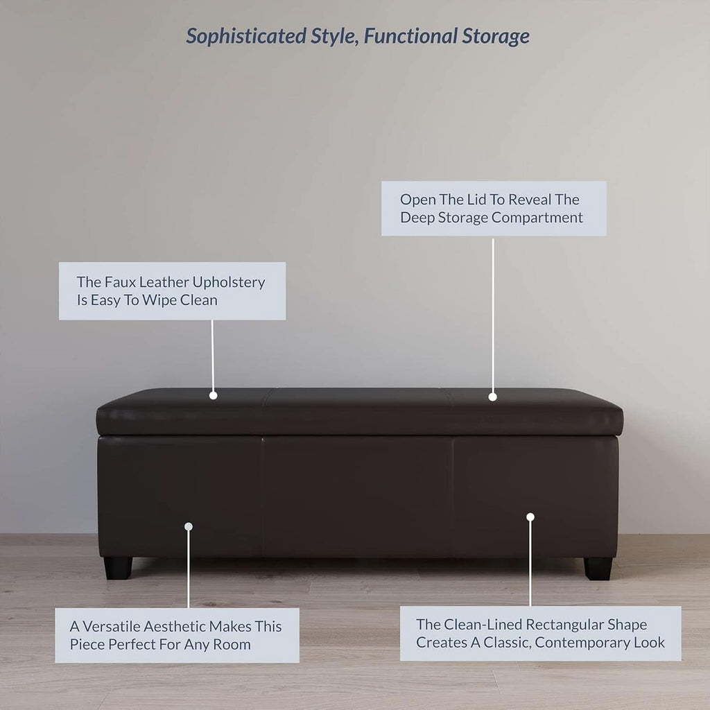 47 Inch DarkBrown Leatherette Storage Ottoman Bench