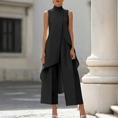 Women's Mock Turtleneck Sleeveless Asymmetric Cascade Drape Longline Top & Wide-Leg Cropped Trouser Set