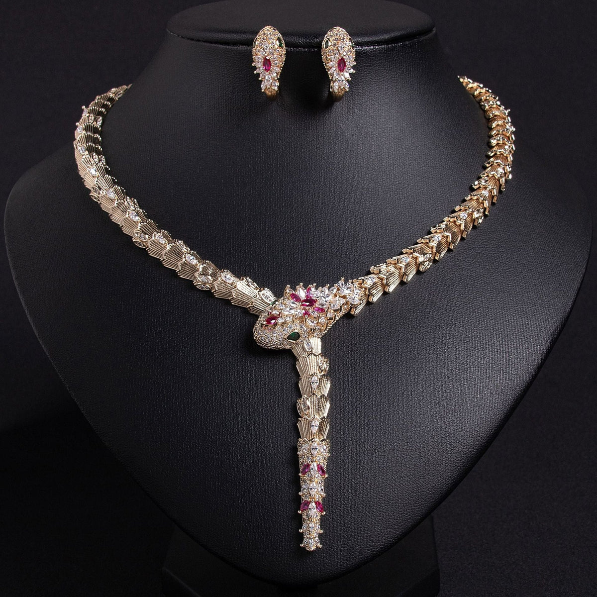 S925 Silver and Zircon Snake-Design Necklace and Earrings Jewelry Set