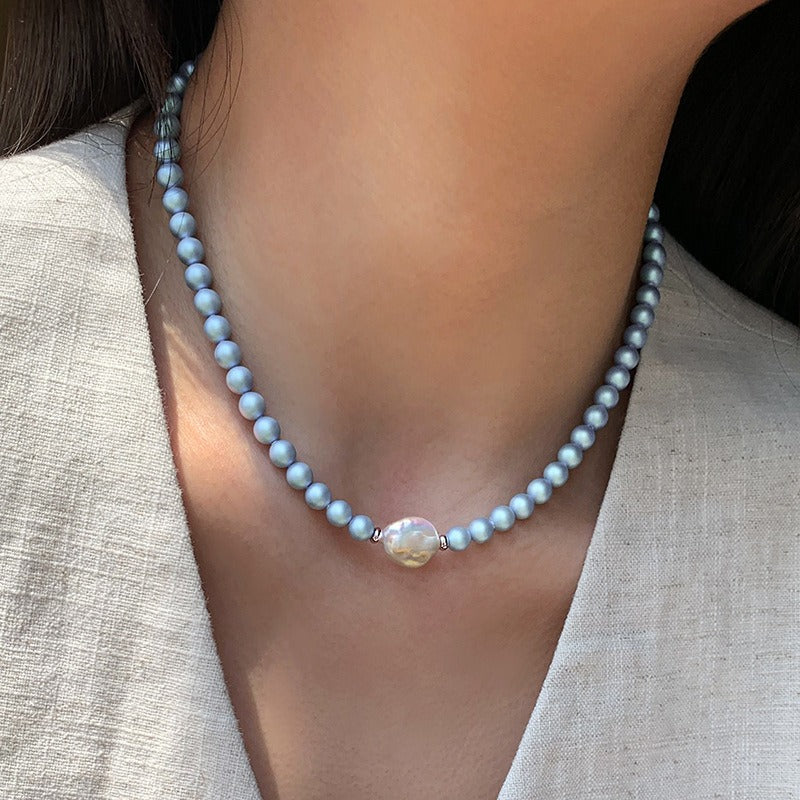Freshwater Pearl Set: Iridescent Blue Pearl Necklace, Bracelet, and Hoop Earrings