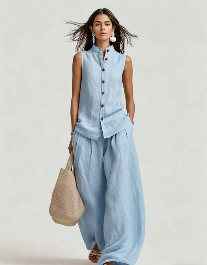 Women's Stand Collar Sleeveless Top & High-Waist Wide-Leg Pants Set