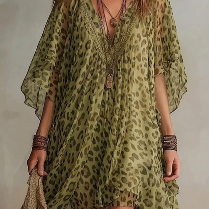 Women's V-Neck Leopard Print Chiffon Beach Cover-Up Dress
