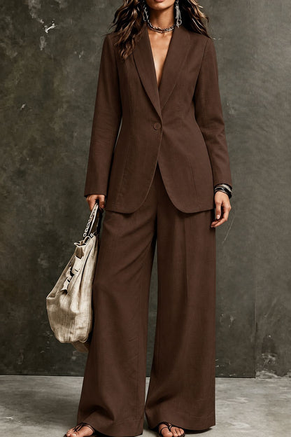 Women's Linen-Look Single-Button Blazer & Wide-Leg Trouser Suit Set