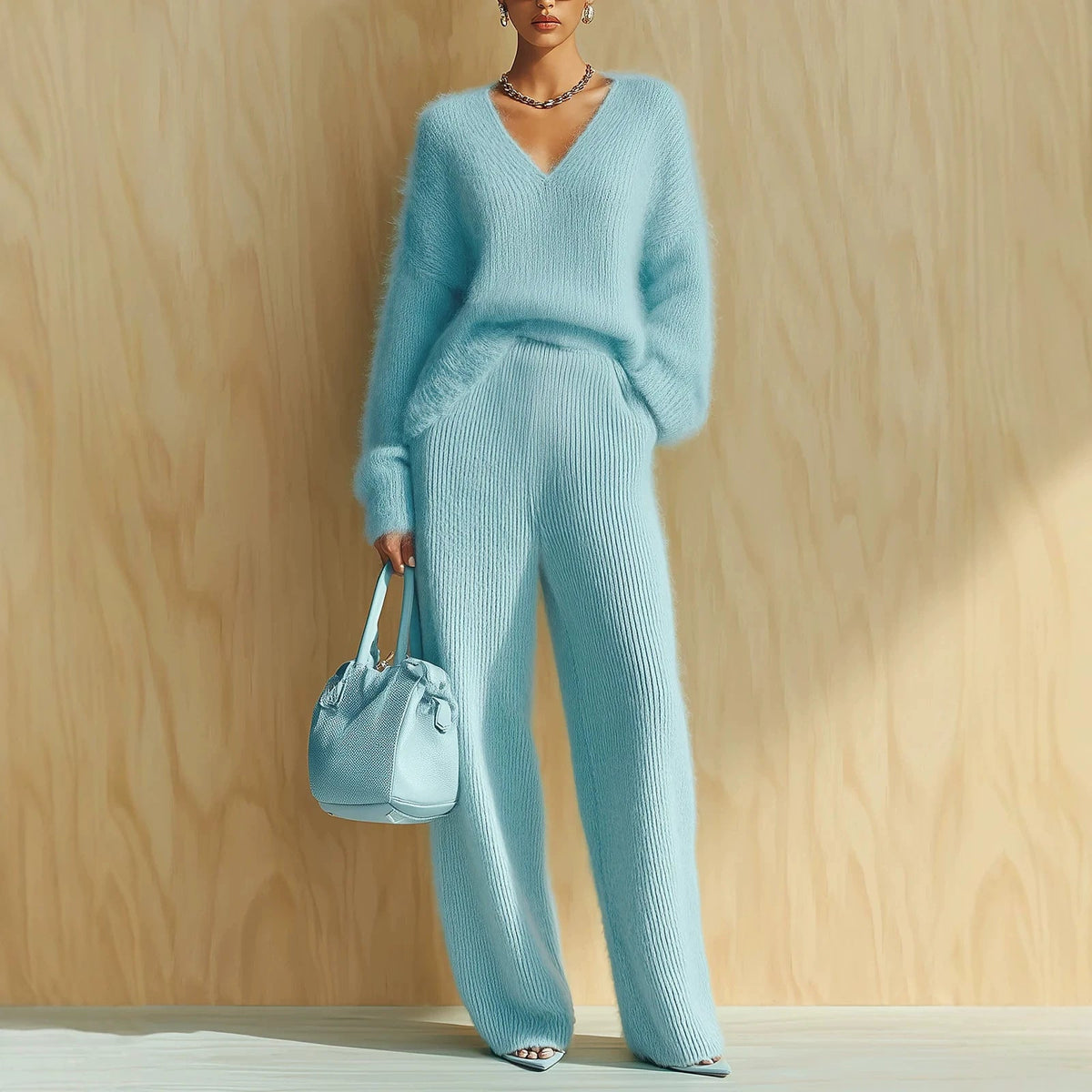 Women's Fluffy V-Neck Oversized Sweater & Wide-Rib Wide-Leg Knit Trouser Set