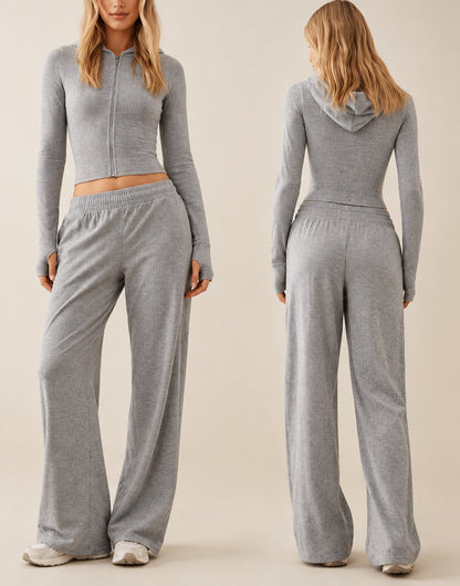 Women's Cropped Zip-Up Hoodie & Wide-Leg Pants Set