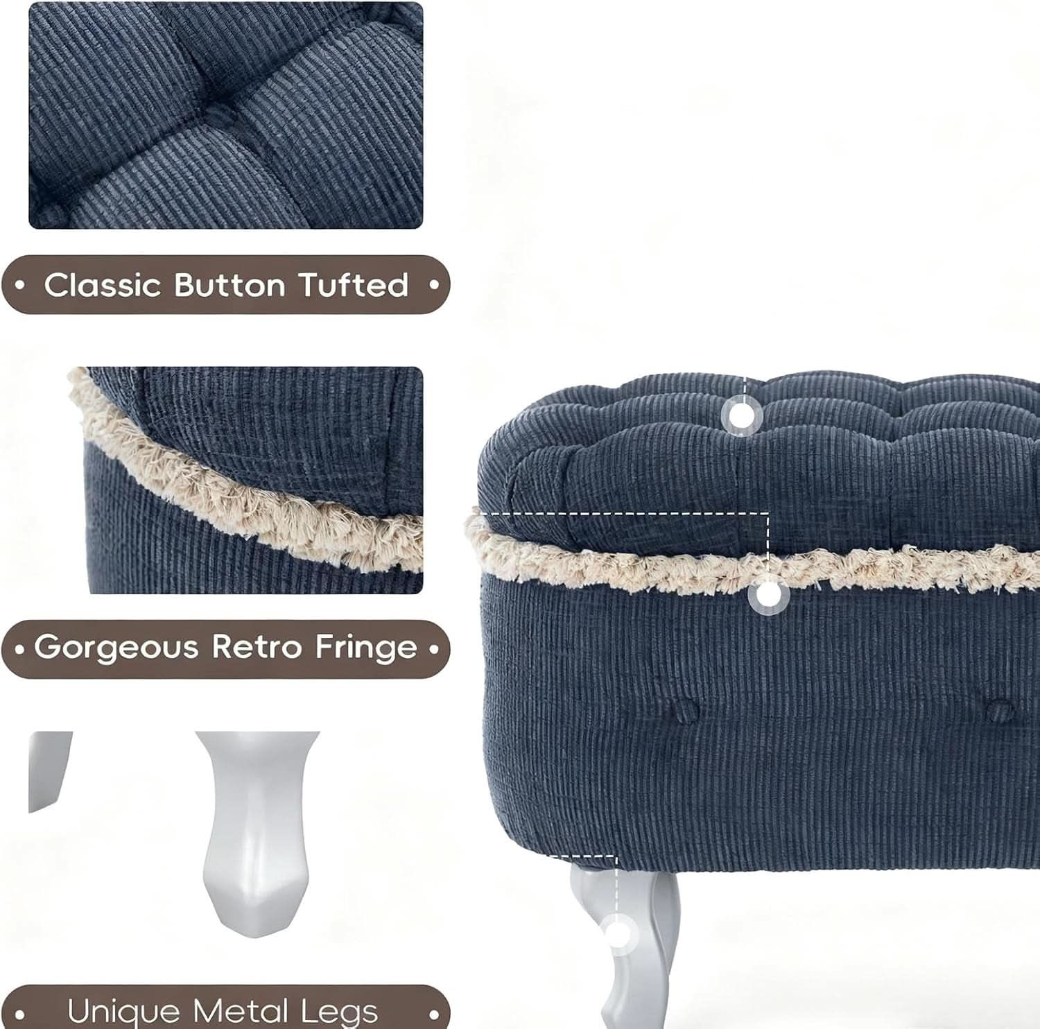 Blue 29.5 Inch Upholstered Storage Ottoman Cushion